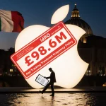 Red price tag slapping Apple logo with Italian flag backdrop.