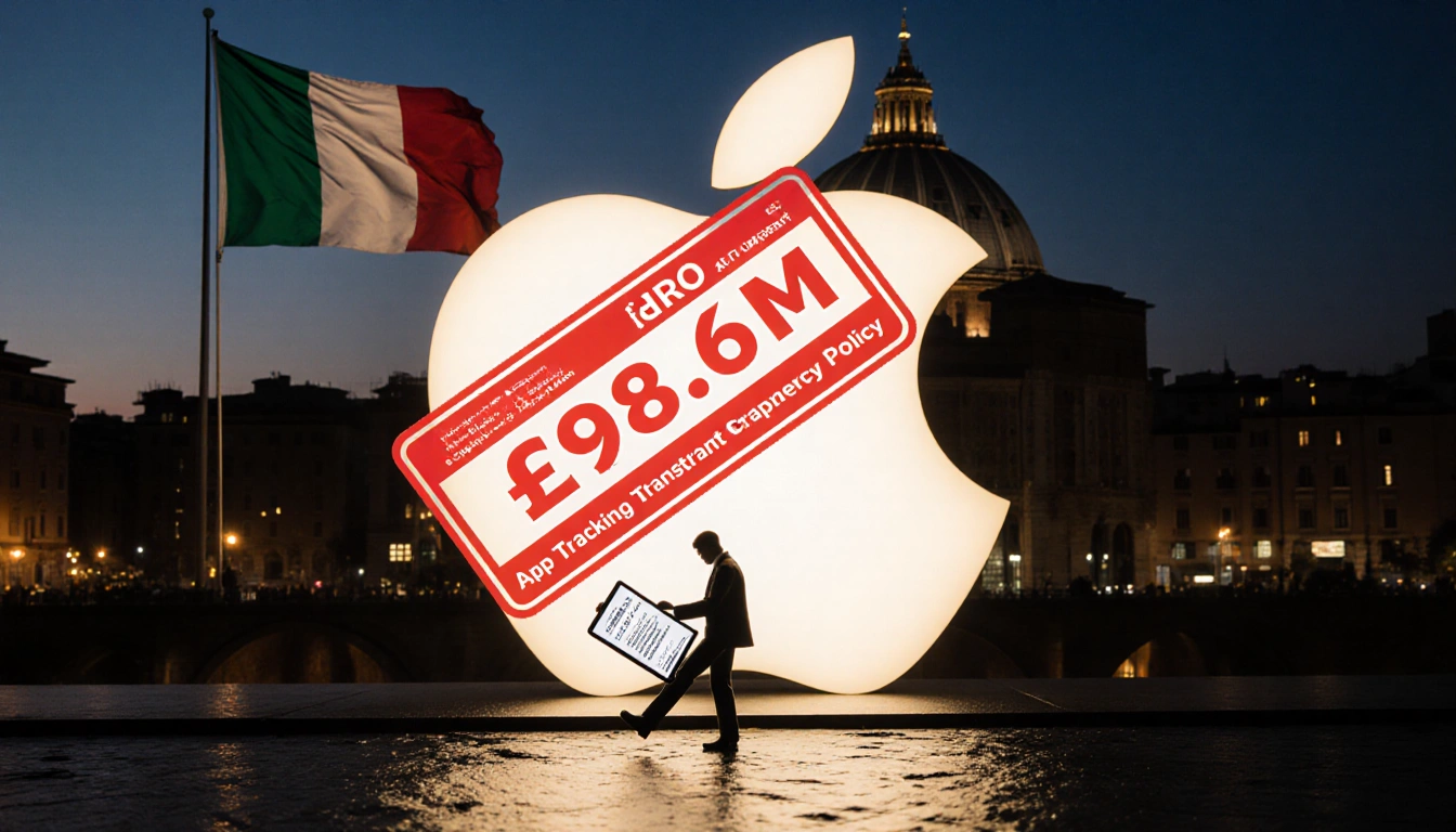 Red price tag slapping Apple logo with Italian flag backdrop.