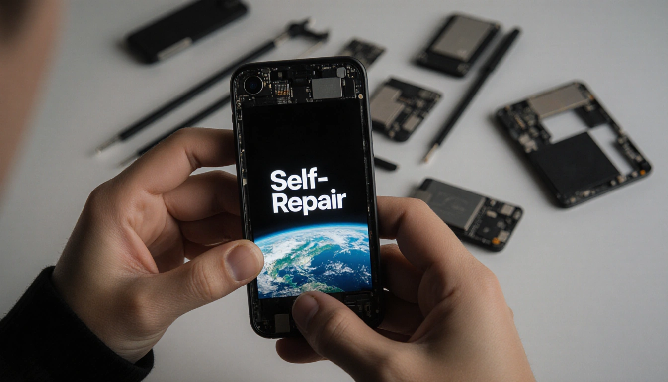 Person holding an open smartphone with tools scattered and a self-repair logo on screen Earth in background