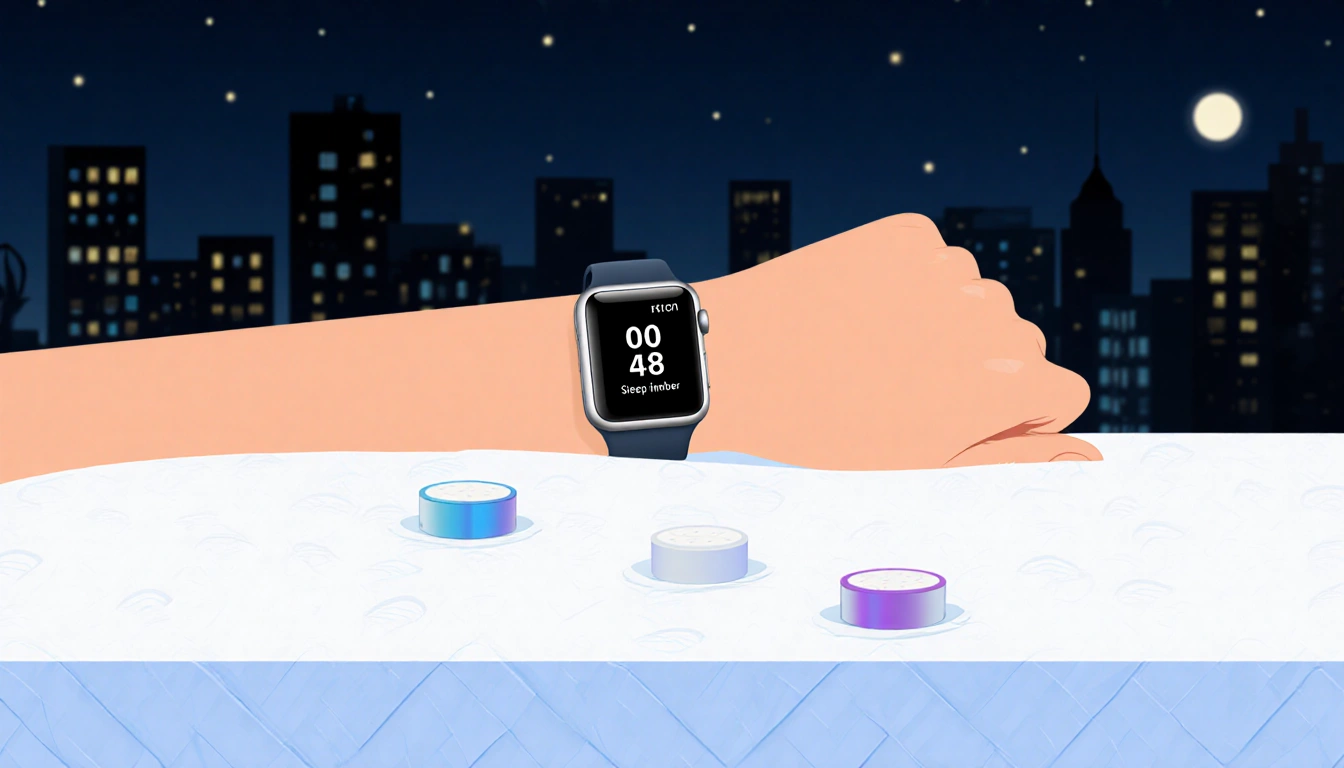 Apple Watch SE shows time on wrist with stylized sleep sensors near mattress in minimalist bedroom
