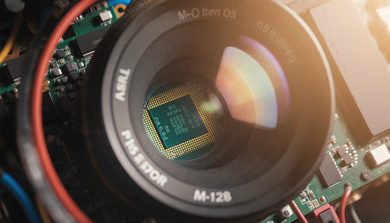 APS-C sensor and 18.3-mm lens focus with blurred camera components behind and lens flares