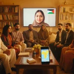 Arab and Muslim group sits around a coffee table in a room with books and a smartphone map and TV.