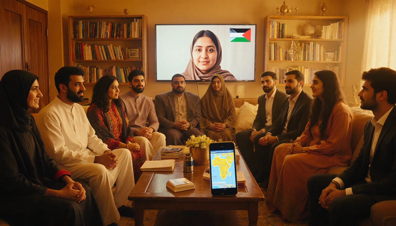 Arab and Muslim group sits around a coffee table in a room with books and a smartphone map and TV.