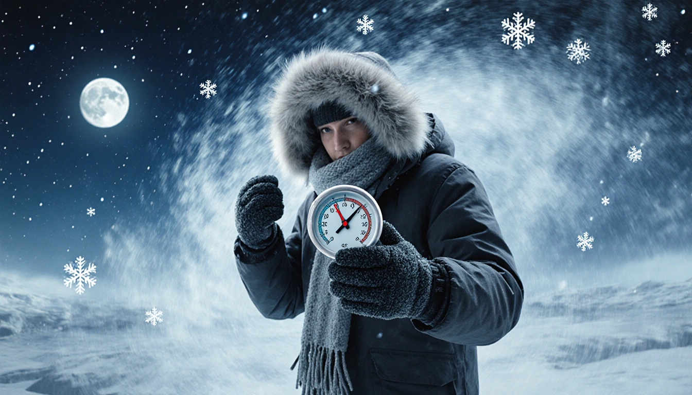 Person bracing against wind with arctic vortex background and wind chill gauge reading -18°C