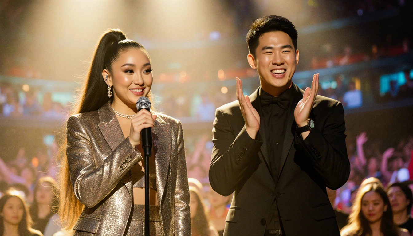 Ariana Grande holds a microphone with Bowen Yang gesturing beside her on a colorful SNL stage.