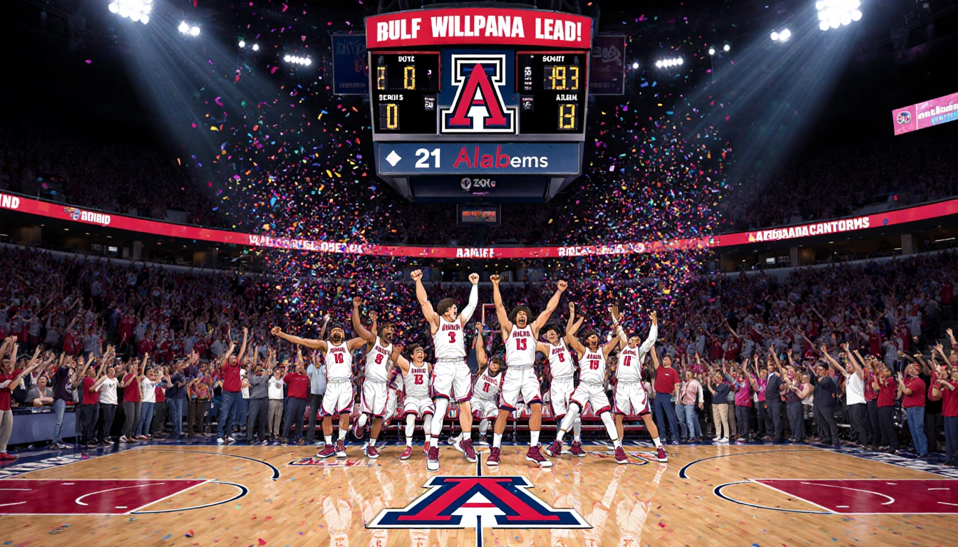 Arizona Wildcats bench erupts in comeback with confetti as fans cheer scoreboard shows 21-point lead and team logo.