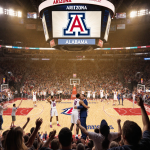 Wildcat players rally after 21-point win with cheering fans and Arizona Stadium logo in the background