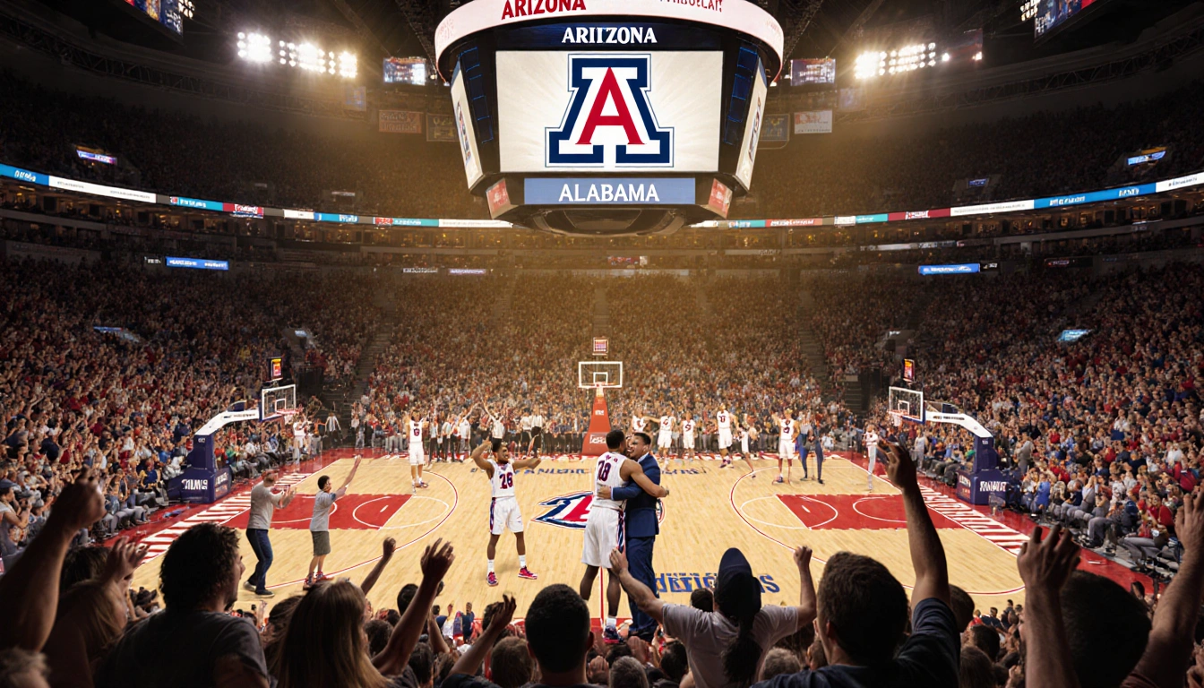Wildcat players rally after 21-point win with cheering fans and Arizona Stadium logo in the background