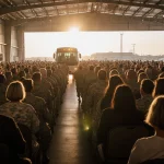 Soldiers in dress uniform stepping off buses into a sea of welcoming faces with warm golden light in a large cargo hangar