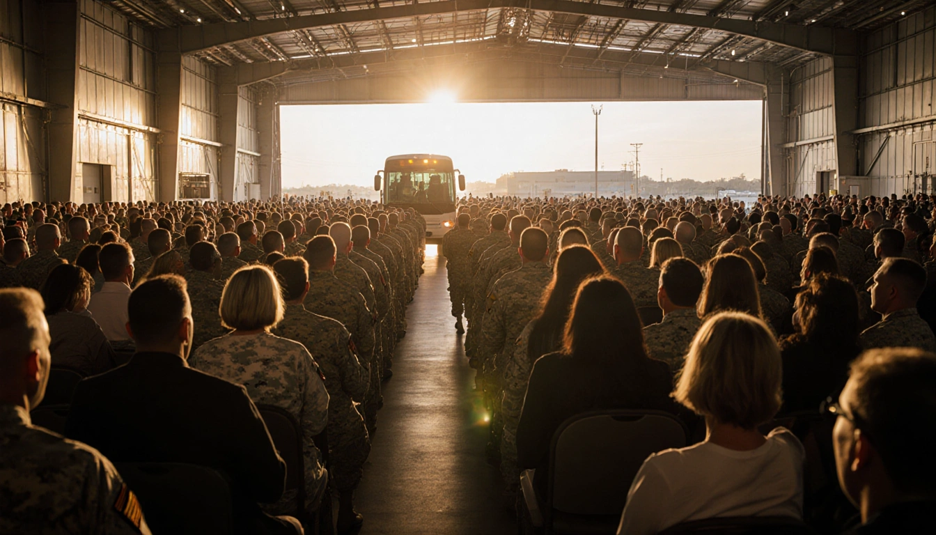 Soldiers in dress uniform stepping off buses into a sea of welcoming faces with warm golden light in a large cargo hangar