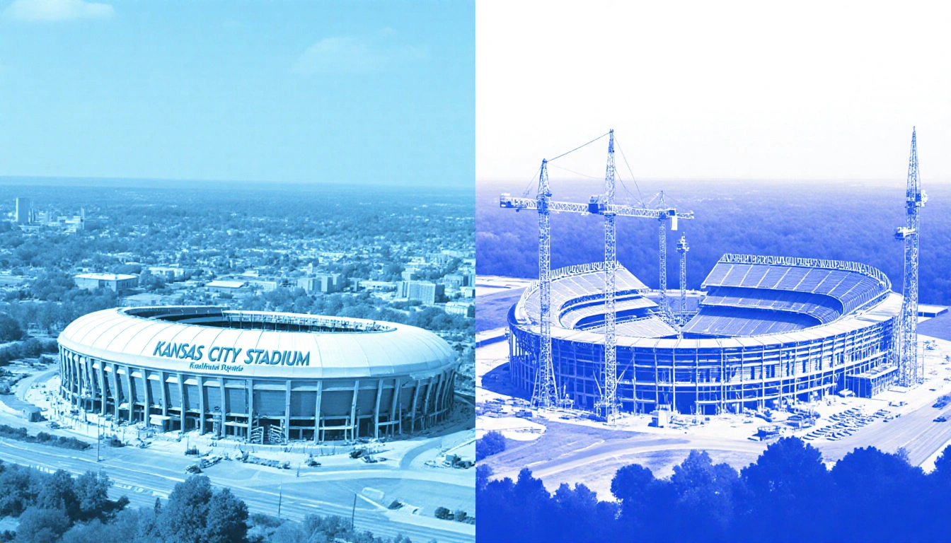 Kansas City stadiums with Arrowhead and Kauffman showing subtle construction against a nostalgic blue-white gradient
