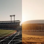Split-screen stadiums glow with light with Arrowhead Stadium beside Missouri plains and Chiefs arena beside Kansas plains