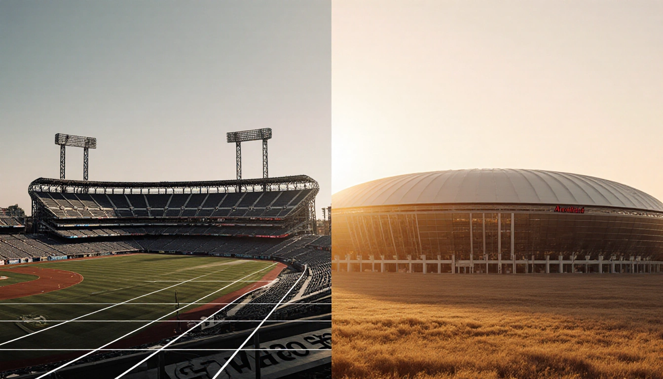 Split-screen stadiums glow with light with Arrowhead Stadium beside Missouri plains and Chiefs arena beside Kansas plains