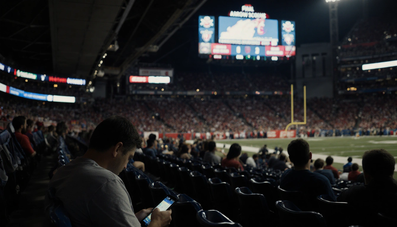 Fans sit on the floor with blank faces and phones while a dim scoreboard shows Titans 20 Chiefs 17.