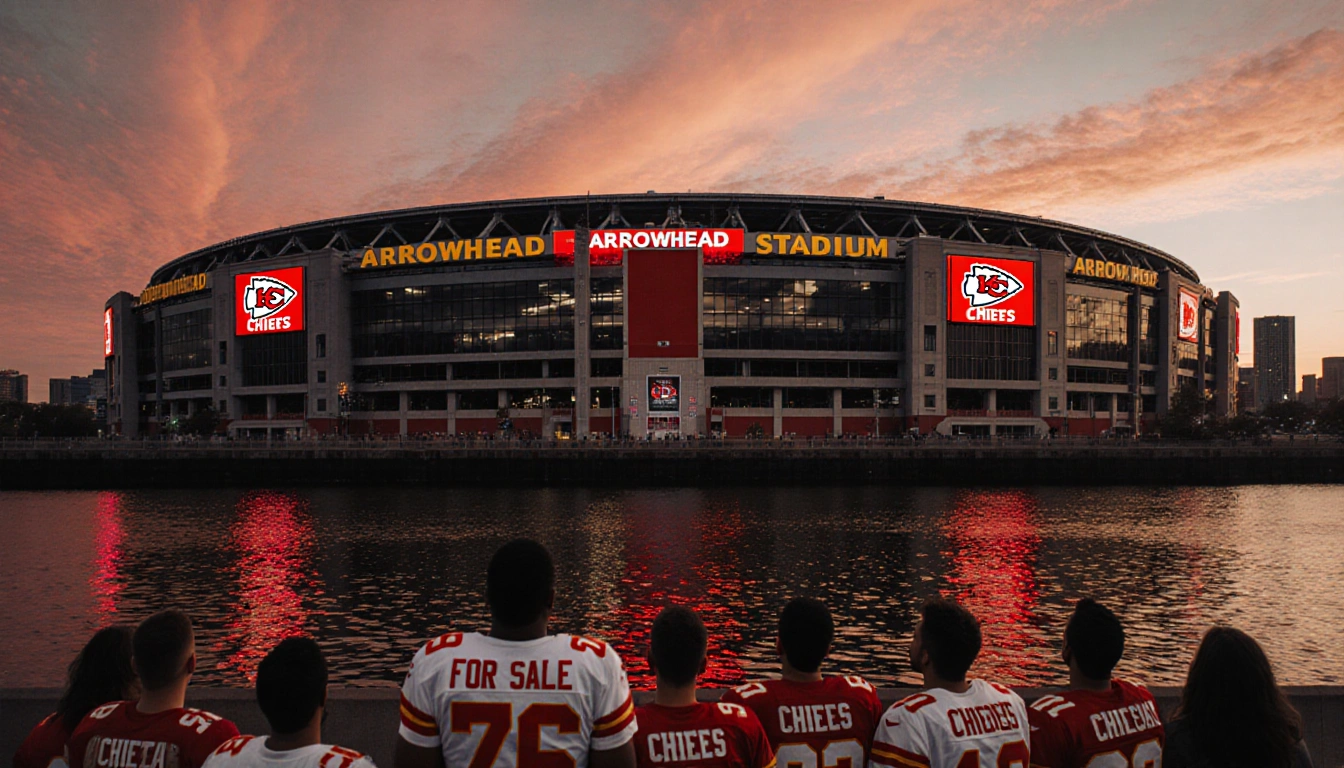 Fans in Chiefs jerseys standing outside Arrowhead Stadium in Kansas City looking up toward a sunset sky with a For Sale sign