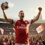 Erling Haaland stands triumphantly in front of a packed Emirates Stadium, arms raised in celebration, holding up the ball tha