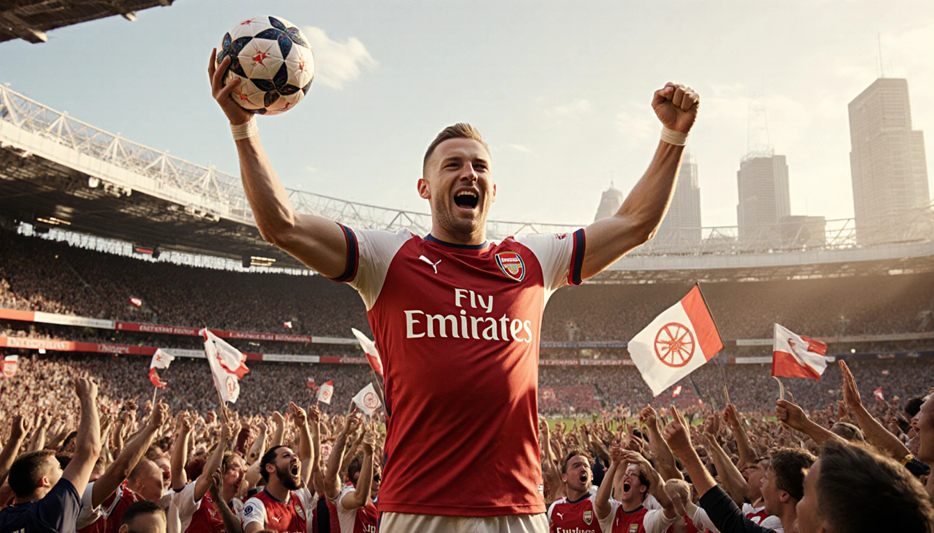 Erling Haaland stands triumphantly in front of a packed Emirates Stadium, arms raised in celebration, holding up the ball tha