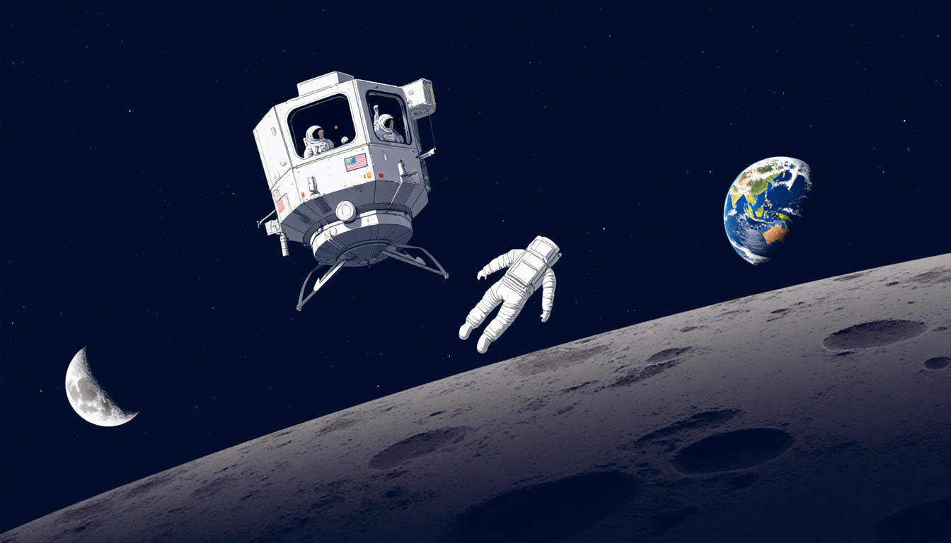 Artemis II orbits the moon with Orion craft and two white suit astronauts floating near its windows gazing at Earth.