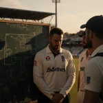 Brendon McCullum standing with England team around cricket chalkboard under Ashes light with Lord