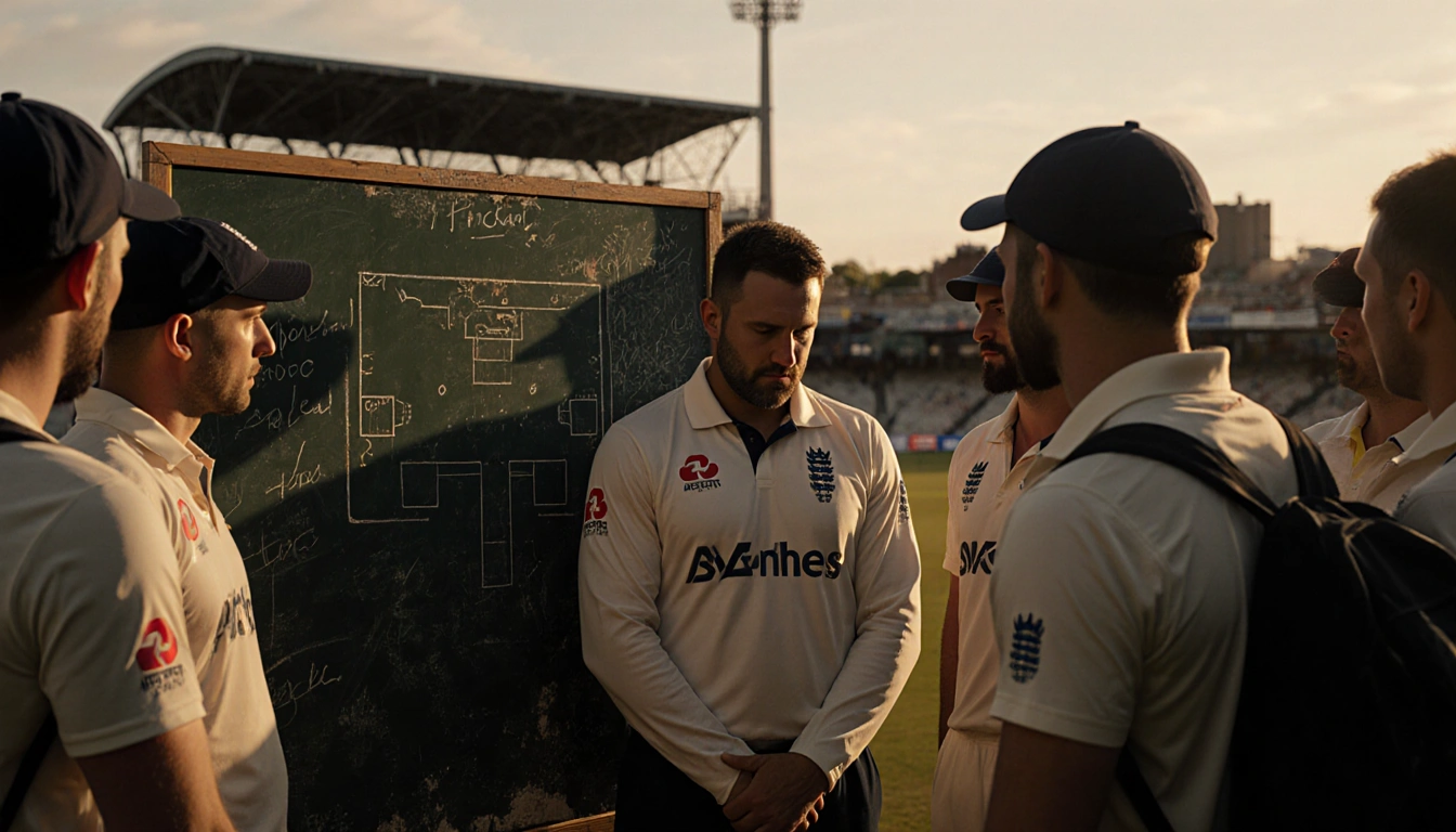 Brendon McCullum standing with England team around cricket chalkboard under Ashes light with Lord