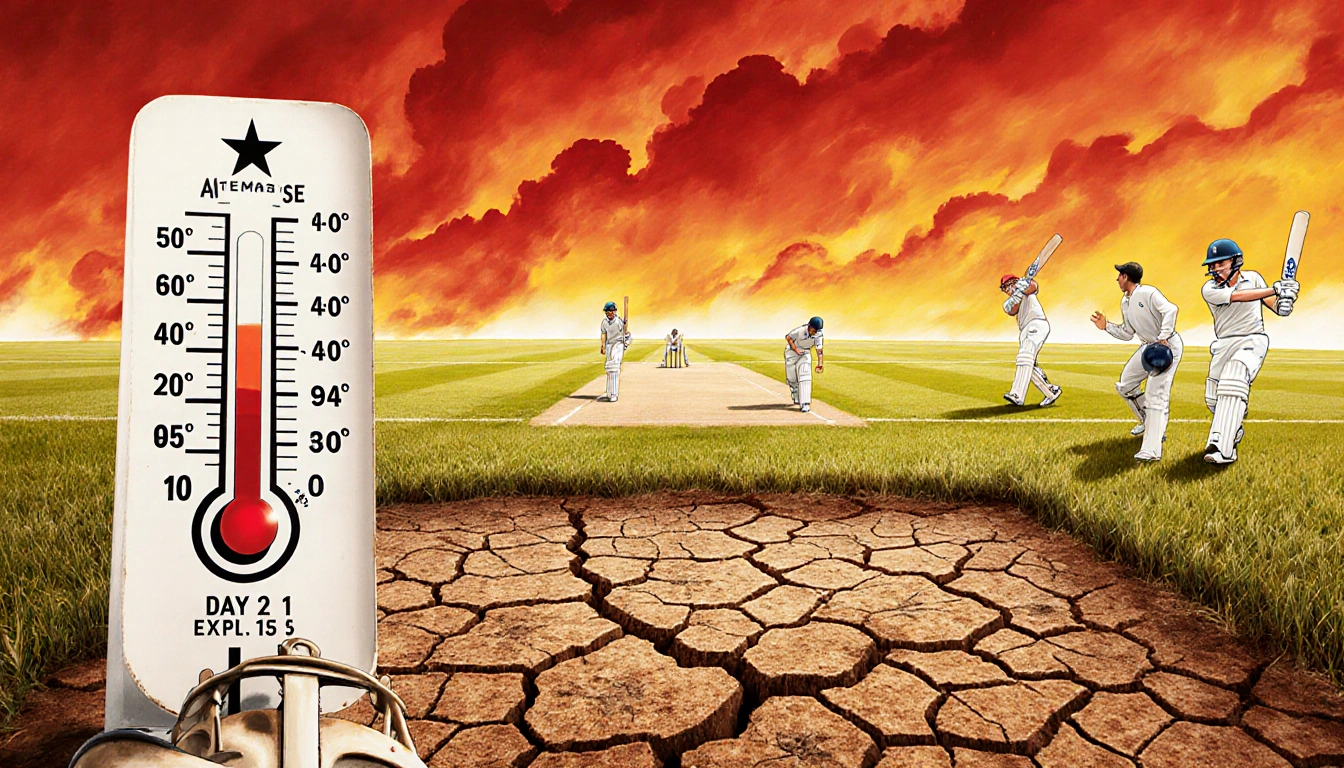Players sweat under scorched grass and cracked earth with a thermometer showing 40°C in foreground