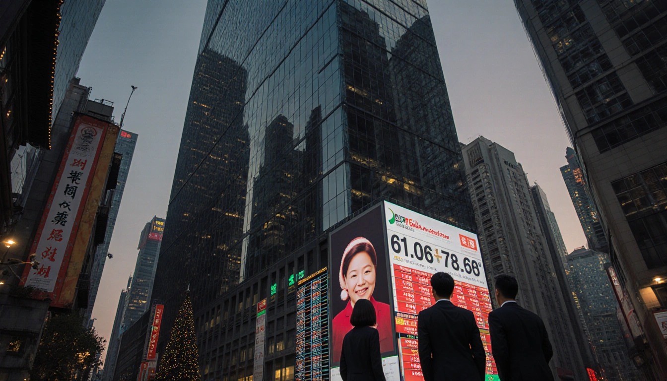 Businesspeople standing near a screen with markets data and reflections in glass skyscraper at dusk with a Christmas Eve glow