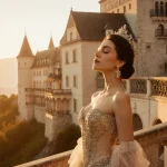 Asmik Grigorian performing in Carmen costume with sunset backdrop of Salzburg