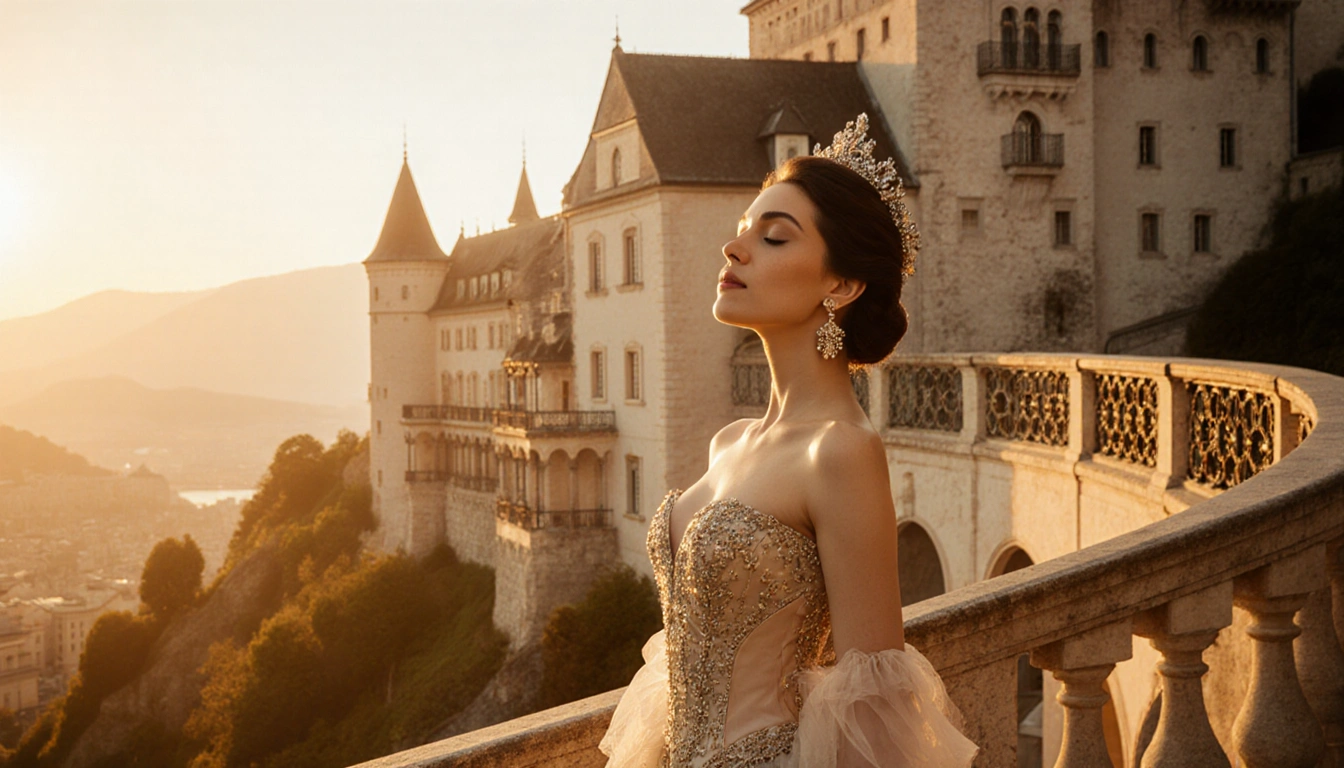 Asmik Grigorian performing in Carmen costume with sunset backdrop of Salzburg