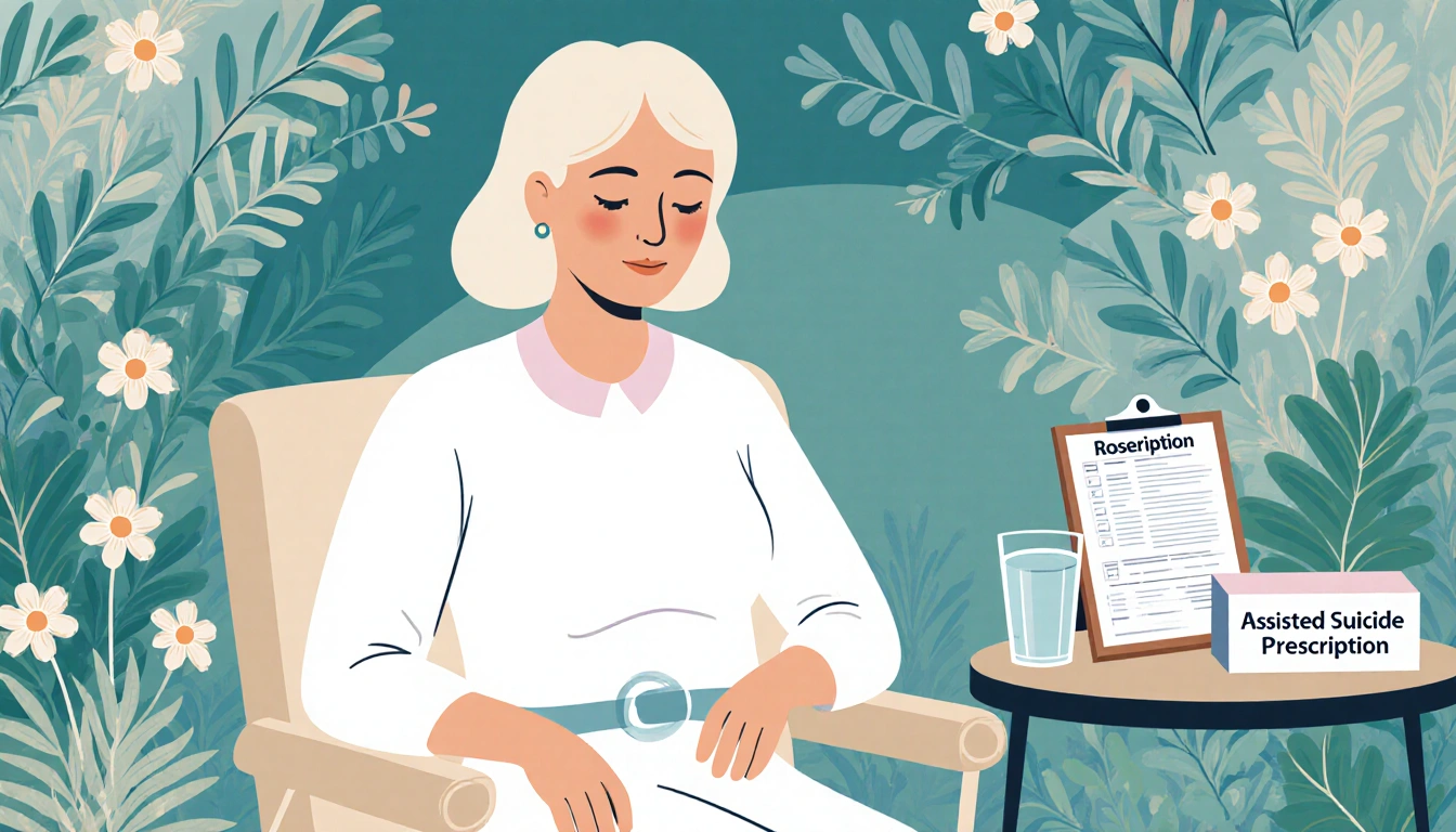 Woman seated and looking downward with a medical chart and water glass near a prescription box amid lush greenery