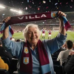 Morgan Rogers winning goal punching the air with Aston Villa fan holding scarf and United players
