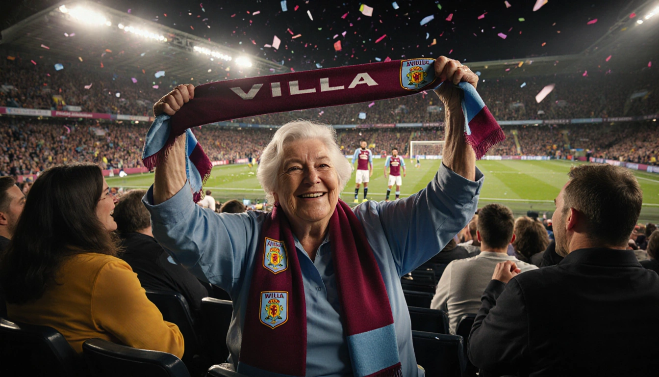 Morgan Rogers winning goal punching the air with Aston Villa fan holding scarf and United players
