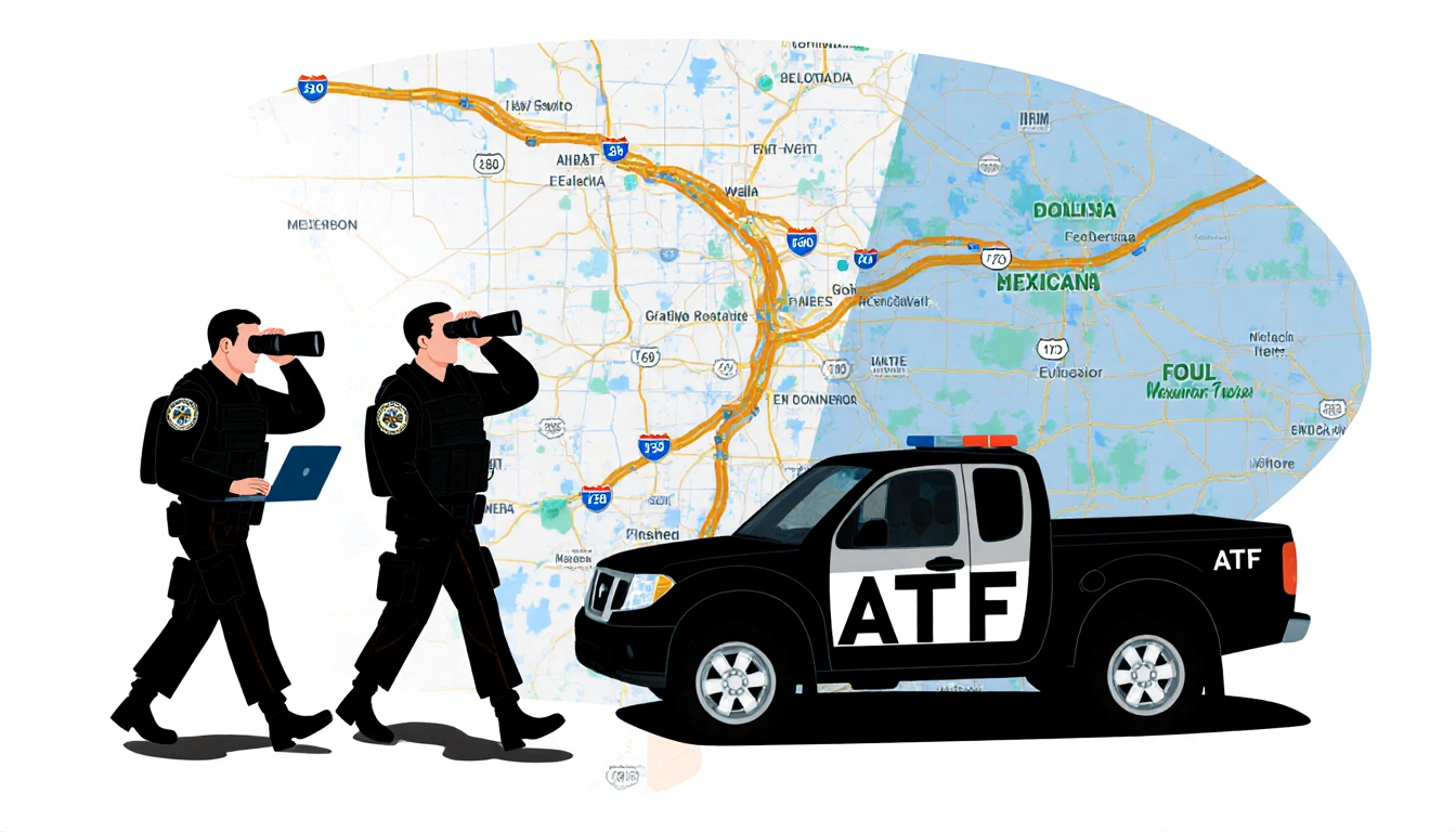 ATF agents walking alongside a seized vehicle in black tactical gear with binoculars in Texas