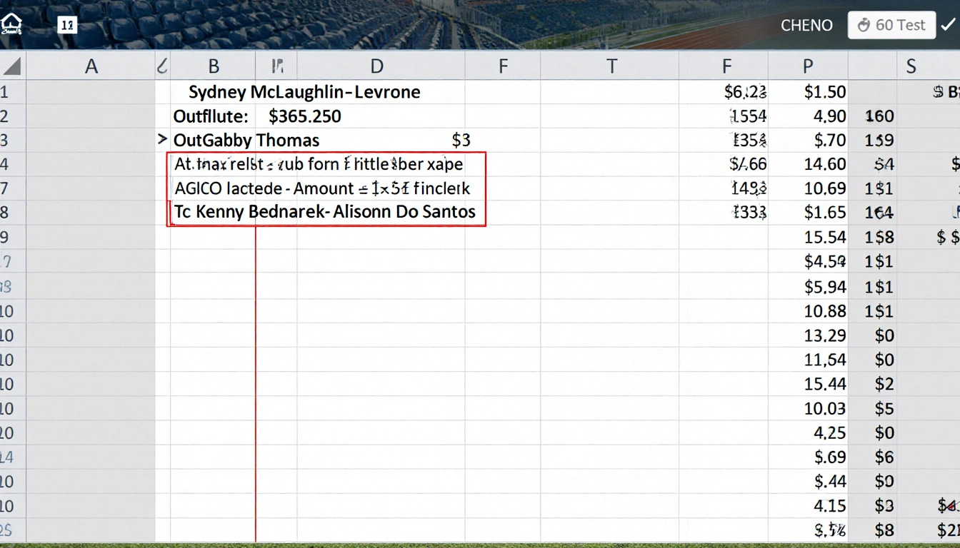 Financial ledger lists athletes with amounts and track-like background texture