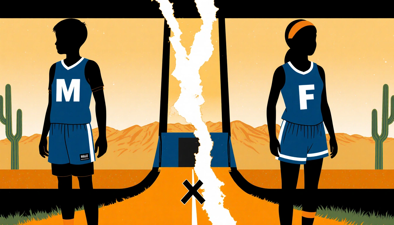 Boy silhouette in gear before a jersey labeled M and girl silhouette before jersey labeled F with paths diverging at an X.