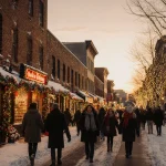 People strolling along Atlanta street with snow-covered brick buildings and twinkling Christmas lights