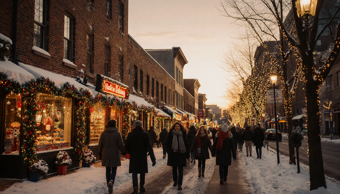 People strolling along Atlanta street with snow-covered brick buildings and twinkling Christmas lights
