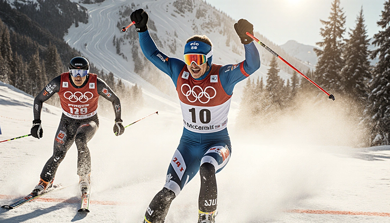 Atle Lie McGrath skiing past Clément Noël, arms raised toward finish line on snowy mountain sunlight
