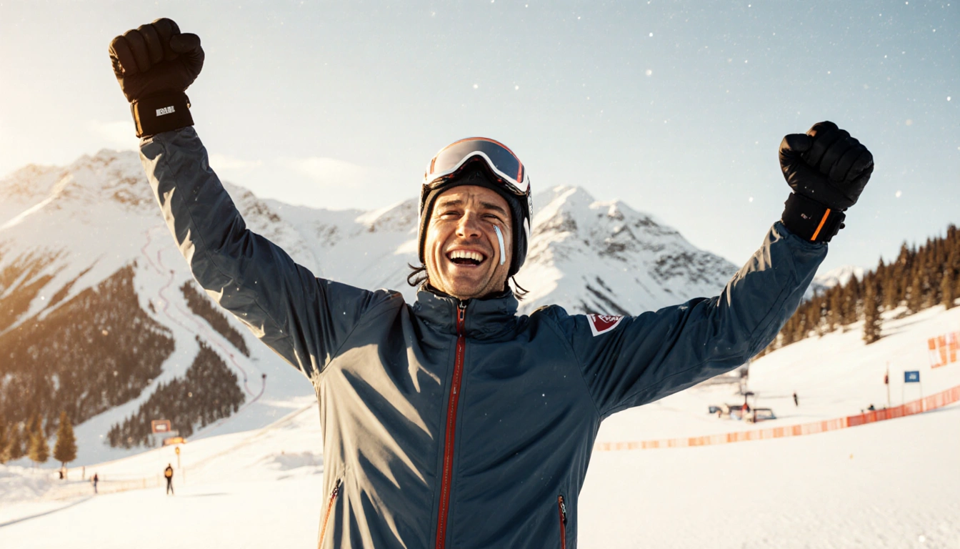 Athlete raising arms with a triumphant smile and tears in golden light in front of snowy mountains
