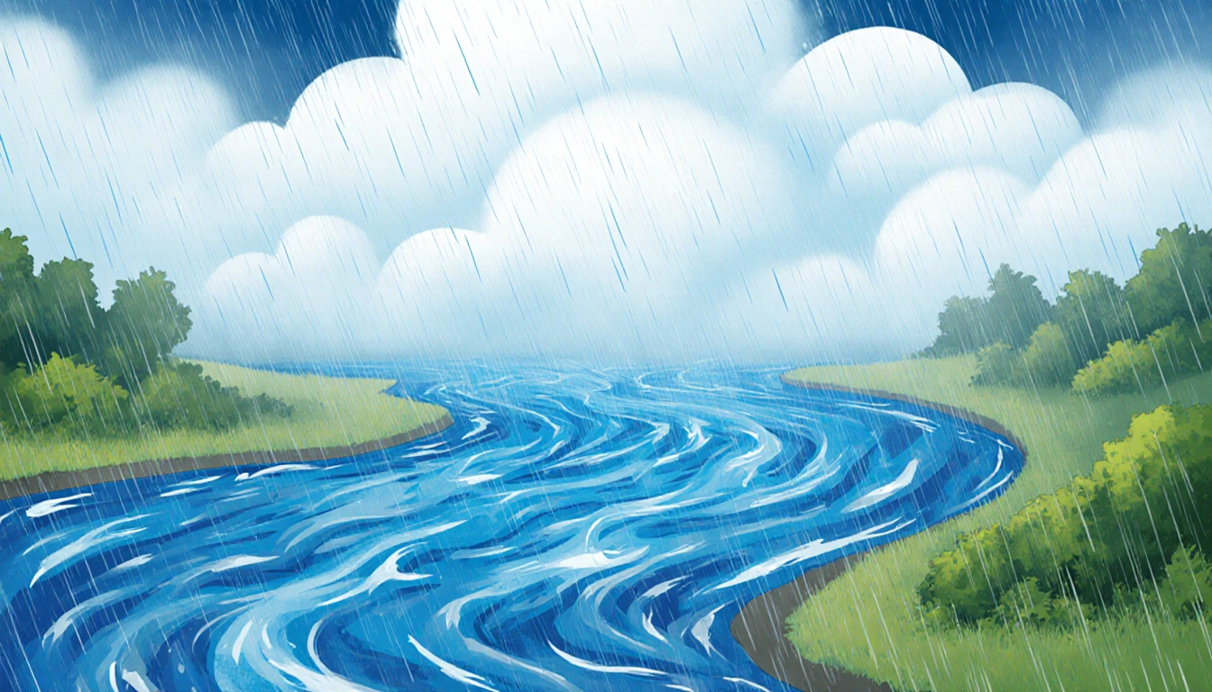 Winding atmospheric river flows from dense misty cloud with rain-laden banks of lush green.