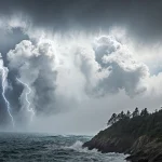 Atmospheric river stretches across sky above Pacific with rugged coastline and lightning below.