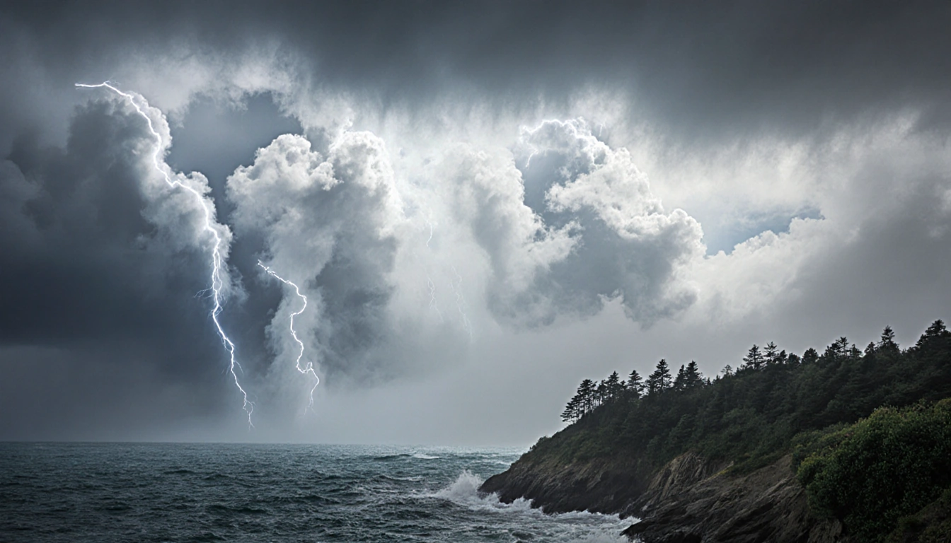 Atmospheric river stretches across sky above Pacific with rugged coastline and lightning below.