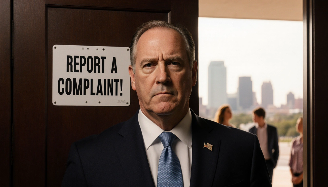 Attorney General Ken Paxton stands in front of a restroom door with a Report a Complaint sign and Austin skyline in backgroun