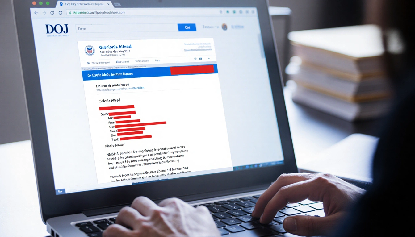 Attorney reviewing email with redacted names on laptop and stack of documents in background