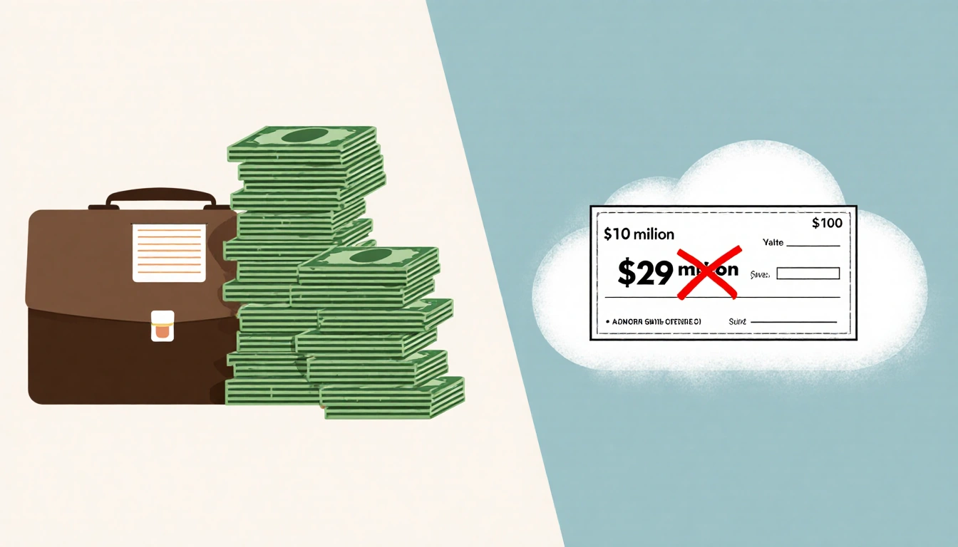 Stacked bills show $120 million payment to attorneys general with briefcase a suspended $29 million check marked red X floats