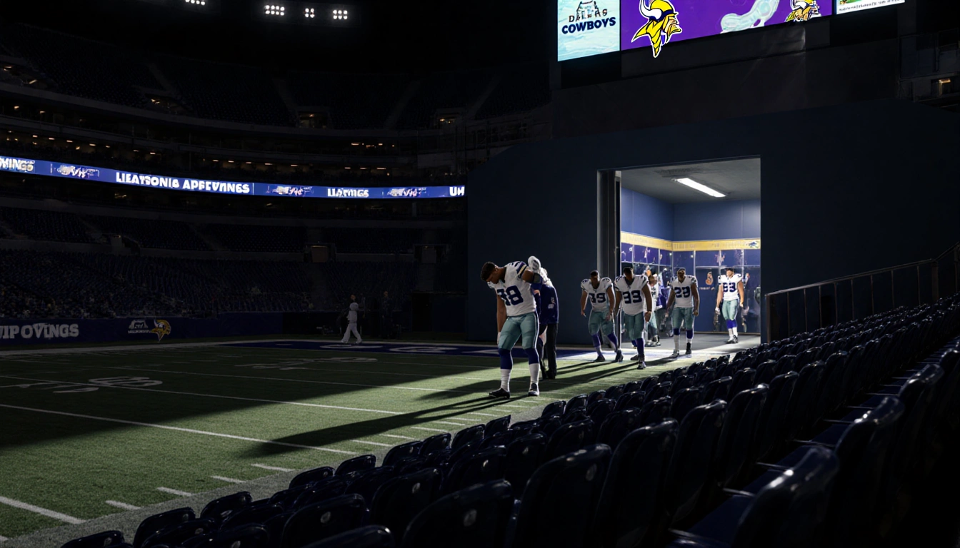 Dallas Cowboys players leaving field in a darkened stadium with Dak Prescott slumping while Vikings bench shows triumphant fa