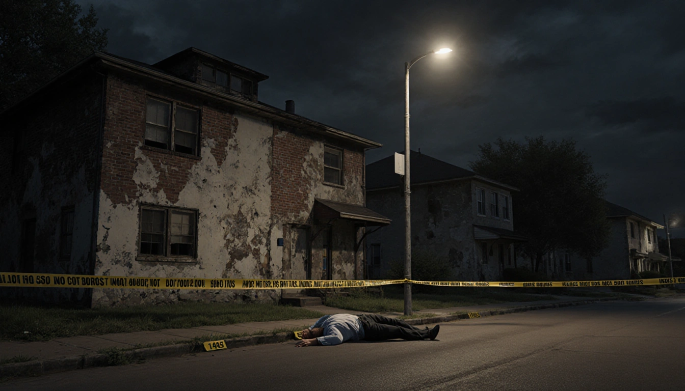 James Burrows lies on an Austin street with dim streetlight glow and police tape.