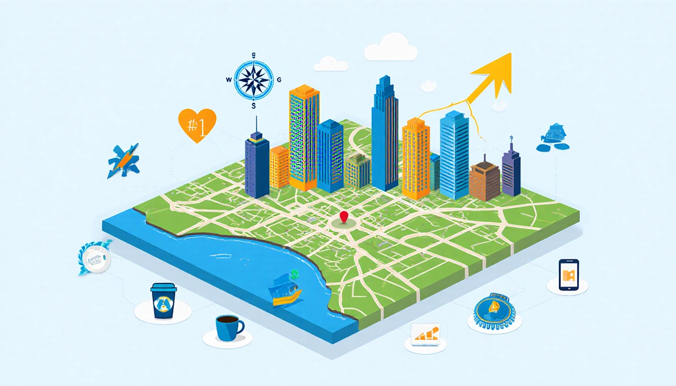 Austin map with skyline and upward arrow shows growth while coffee cup smartphone laptop icons surround it