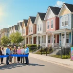Community members cutting ribbon at new housing complex with Austin street and colorful houses