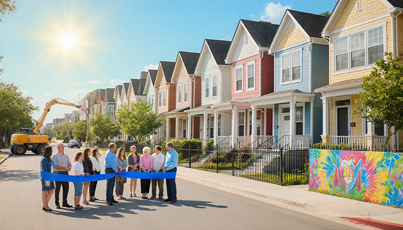 Community members cutting ribbon at new housing complex with Austin street and colorful houses