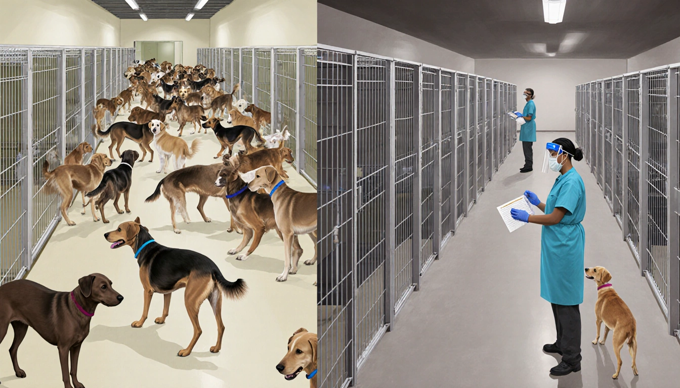 Staff monitoring dogs with PPE near kennels and enclosures while distant crowd of animals looms